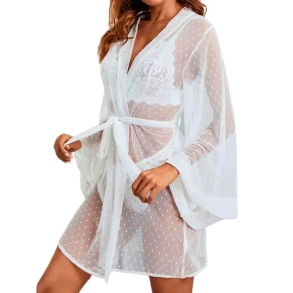 Large Lingerie set white 3 piece robe bra panties lace - Picture 2 of 4